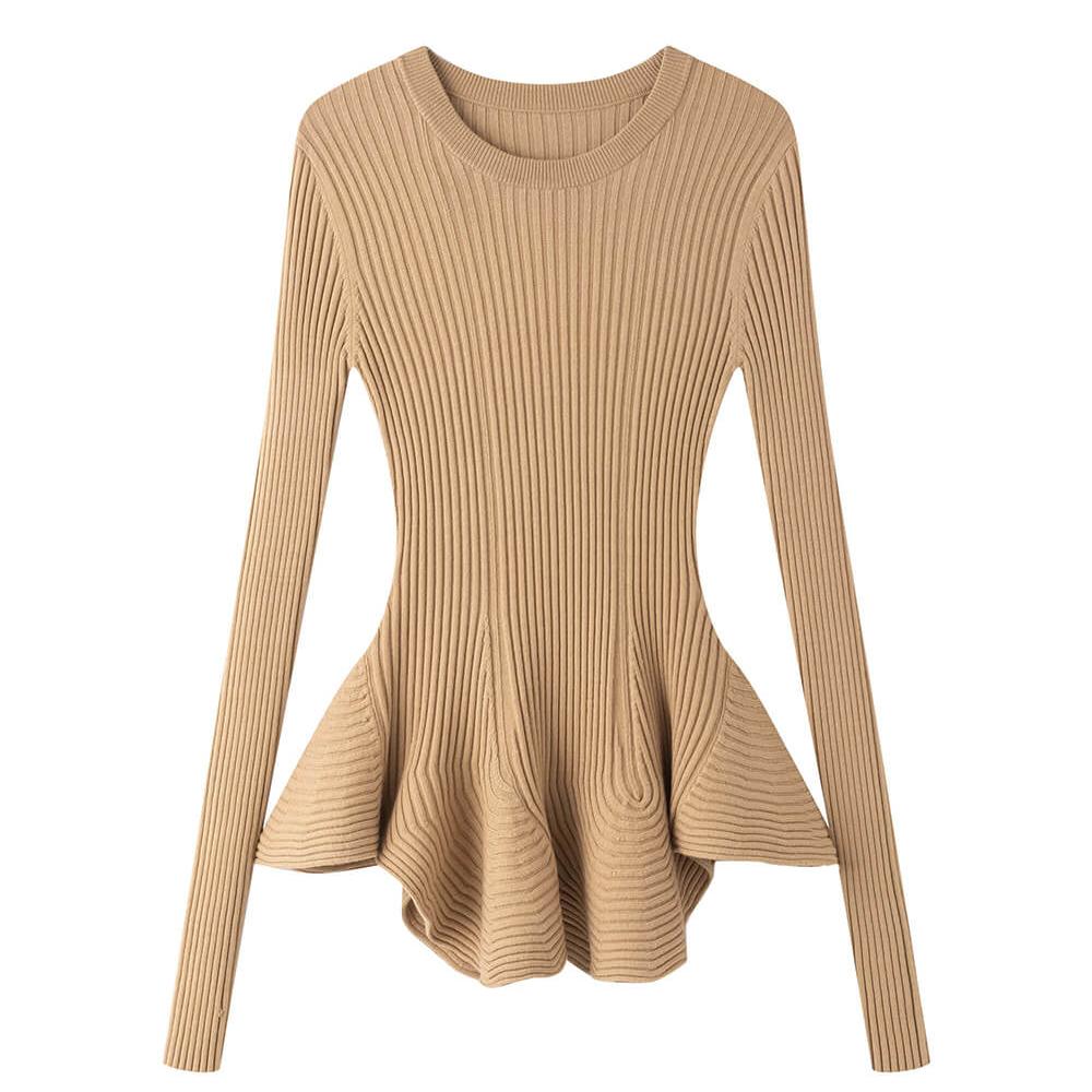 crew neck ribbed jumper with peplum-hem